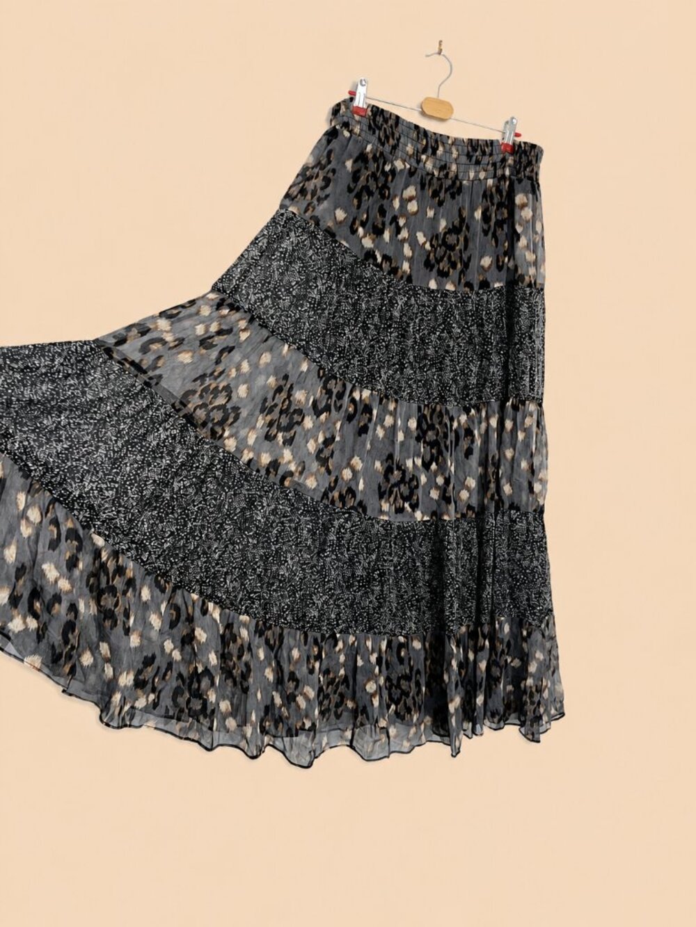 Ella Moss 100% Silk Tiered Animal Print Maxi Skirt L Size